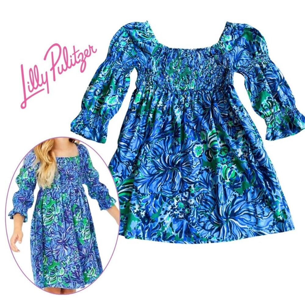 Lilly Pulitzer Girl's Beyonca Babydoll Poplin Mini Dress, Abaco Blue - Size Med